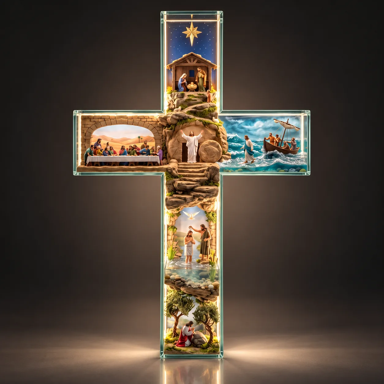 Obra-Prima em Formato de Cruz Iluminada — As Passagens de Jesus Cristo 60x45