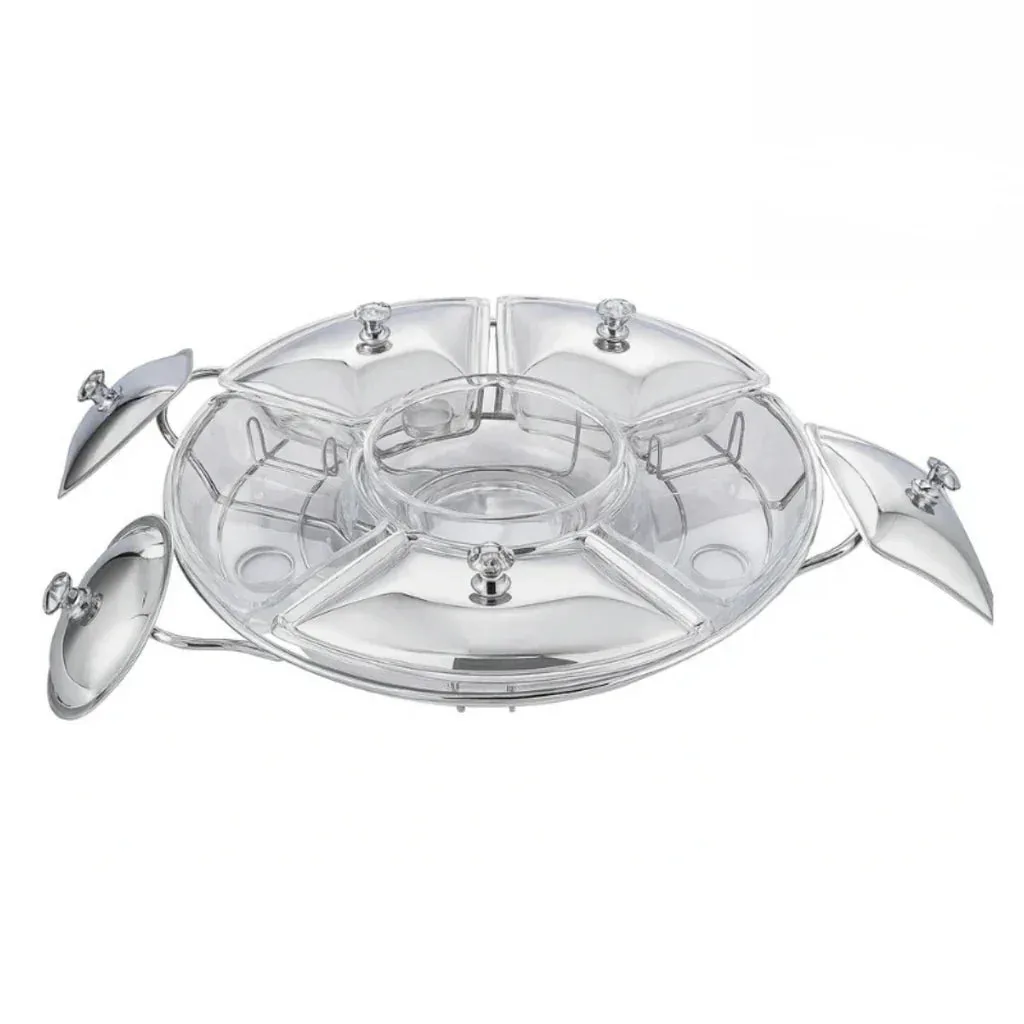 Rechaud Giratório Com 6 Compartimentos Aço Inox e Vidro 52cm