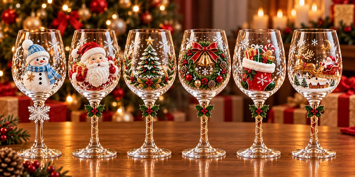 Conjunto de 6 Taças Especial de Natal | Taças de Vidro com relevo em 3D Natalinas