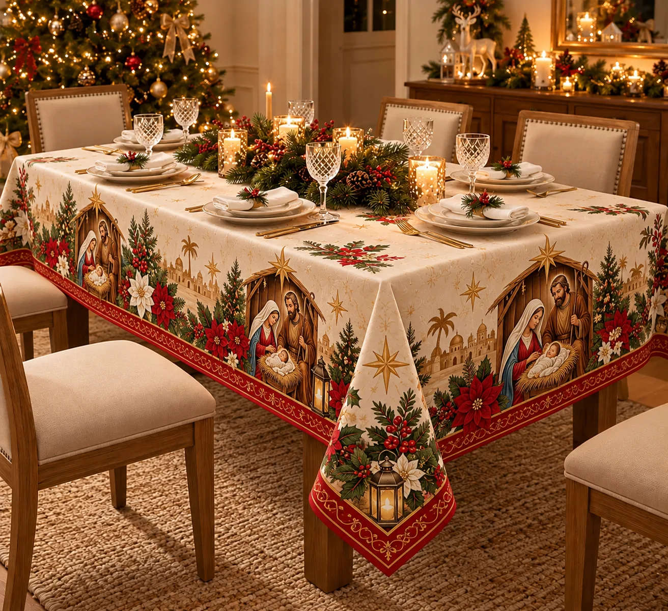 Toalha de Mesa Natalina Bordada em Algodão | 3 Estampas  2.20x1.50 metros