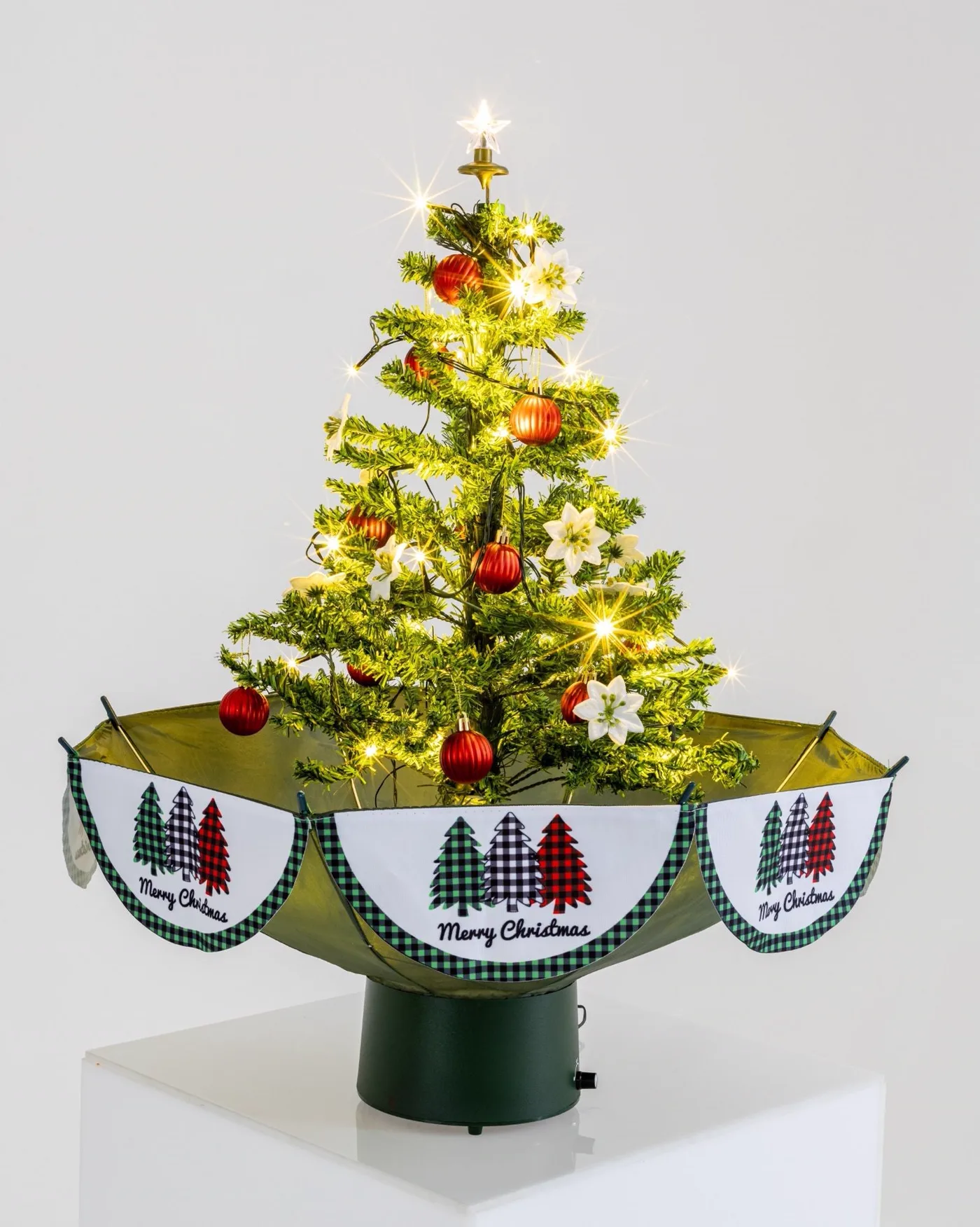 Árvore de Natal Mini com Base de Guarda-Chuva com Neve, Música 65x75